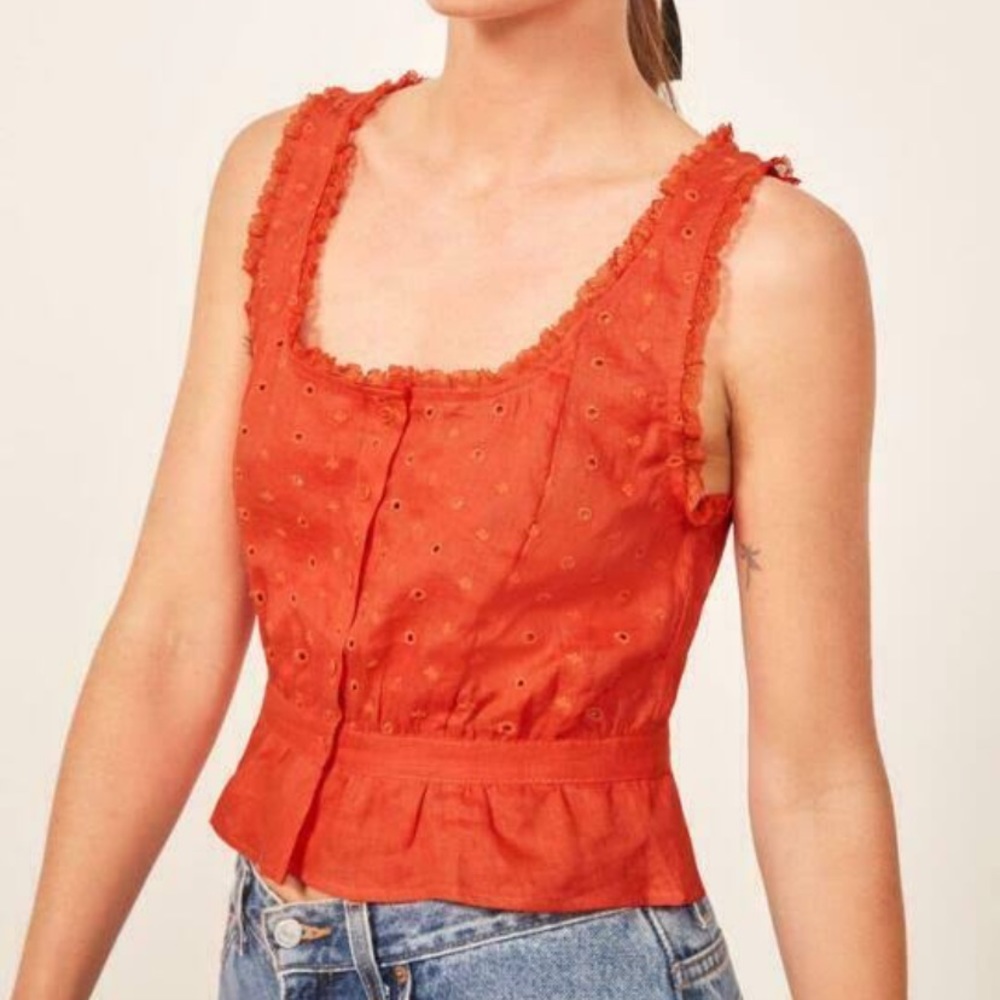 Reformation Luisa 100% Linen Top Lace Ruffle Sizr 6 Embroidery Casual.